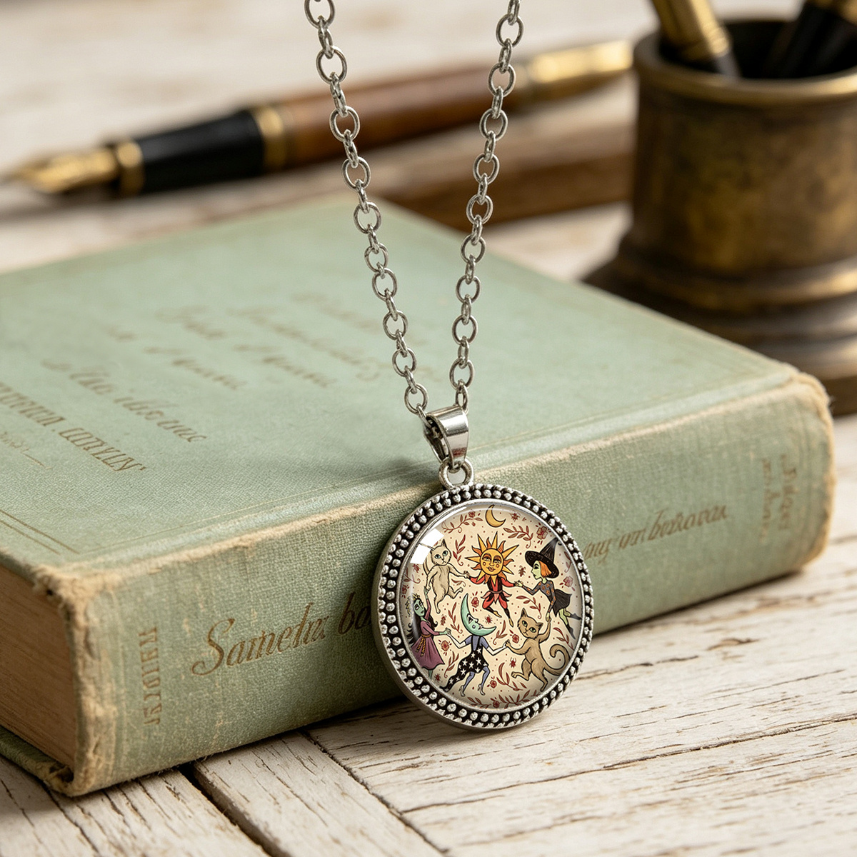 Sun Moon Animal Illustration Print Round Pendant Necklace, Unisex