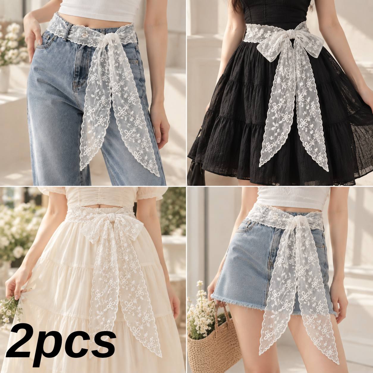 TEMU 2pcs Vintage Style Lace Scarf Belt Headband - Elegant Long Ribbon With Floral Pattern, Machine Washable, Suitable For Weddings, Parties, Beach