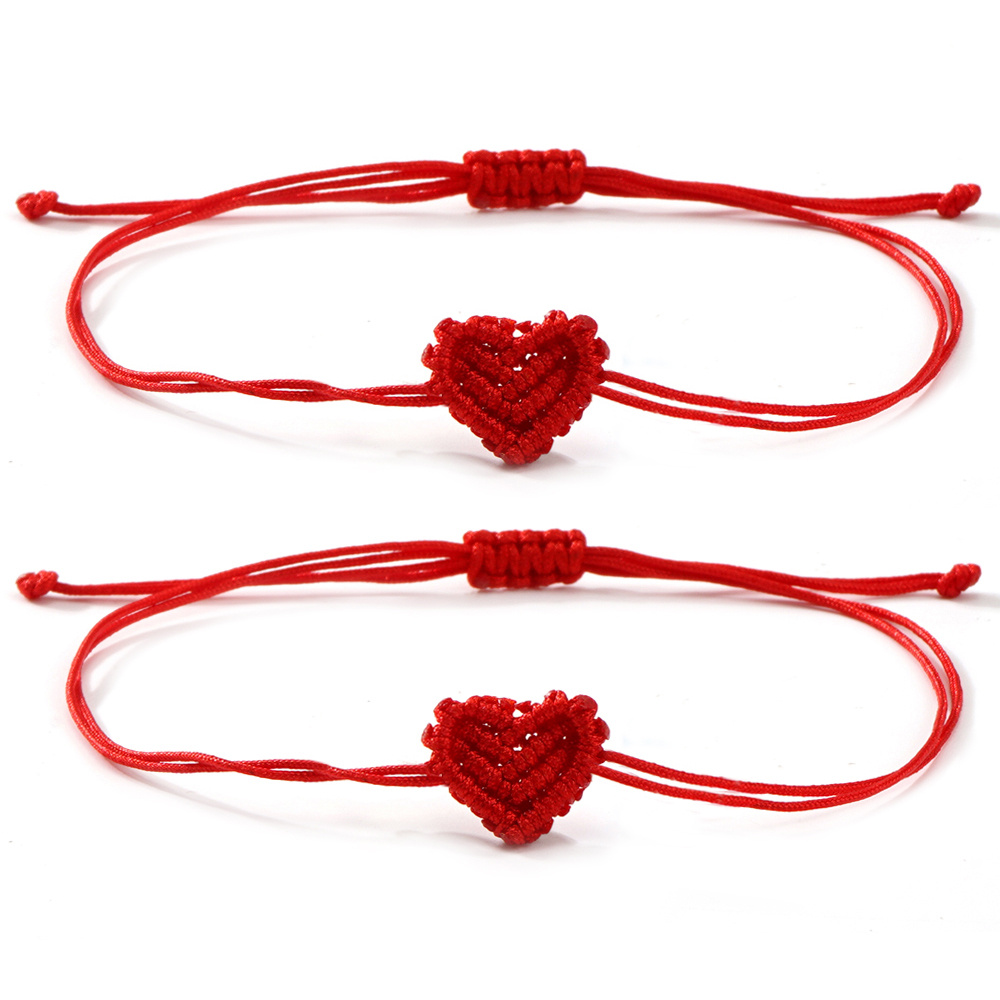 Image of Set Of 2 Women's Trendy Bracelets Featuring A Bohemian Style With Red Handcrafted Weaving, Heart-shaped Friendship Cords, Adjustable Beaded Jewelry, Wear And Recommended As A Birthday Gift