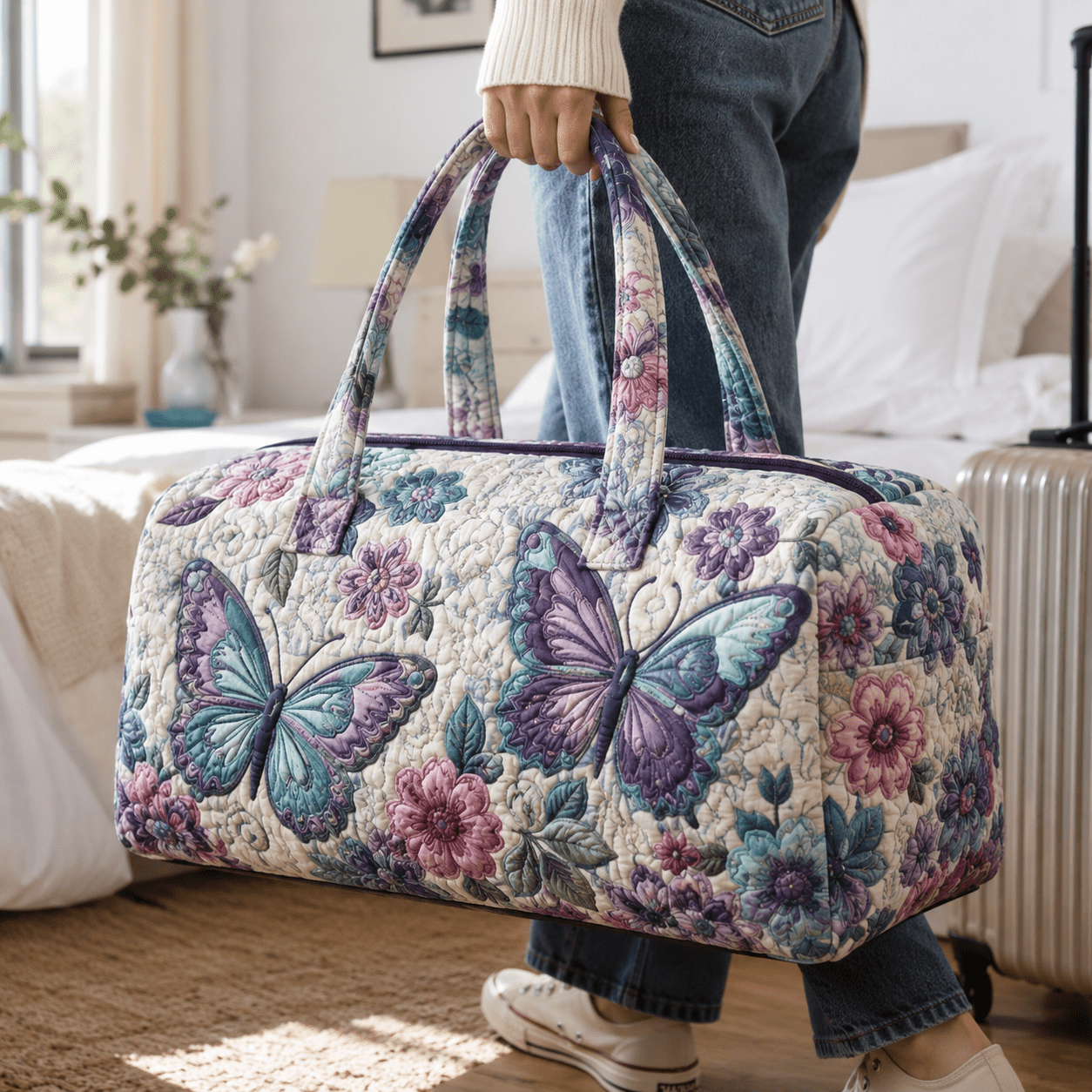 TEMU Purple Quilted Duffel Bag, Printed Large Capacity Weekender Travel Bag, Lightweight Overnight Carry On Bag For Women