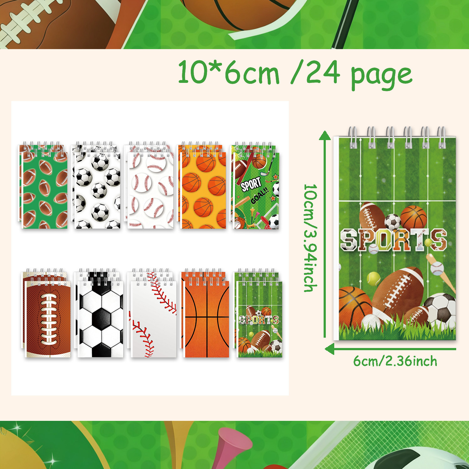 TEMU 10 Styles de Mini Cahiers à Spirale Imprimés Ballons de Sport 10 X 6Cm Cahiers de Poche Portables 24 Pages Style Sport Américain Bloc-Mémos