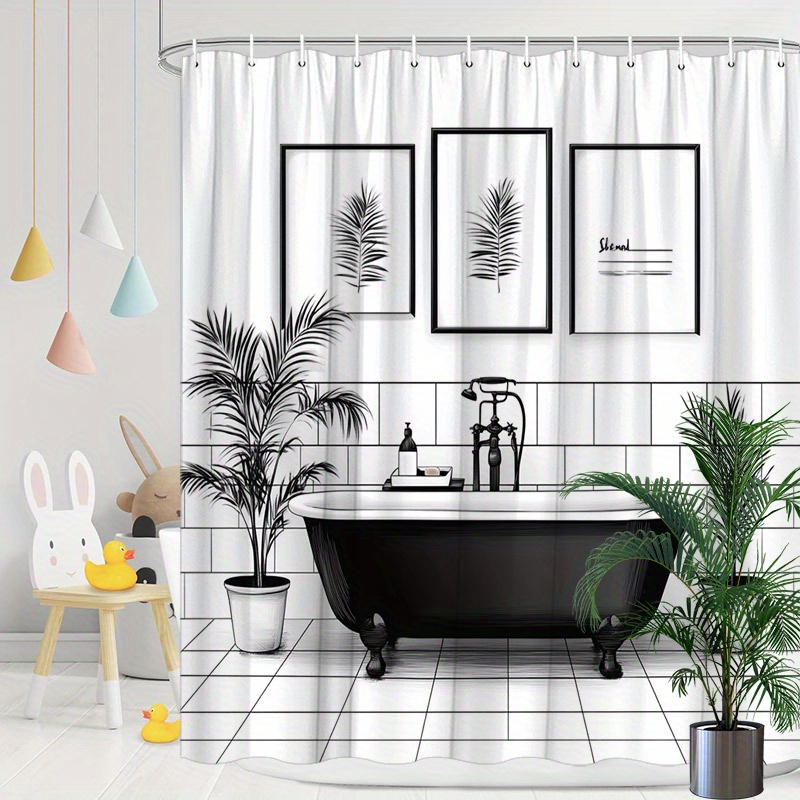 TEMU 1pc A Minimalist Shower Curtain Featuring A Black And White Clawfoot Bathtub With Botanical Designs, Bathroom Decor. Made Of Polyester, It