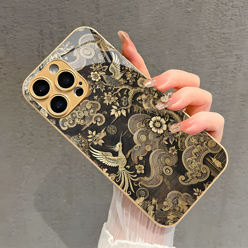 TEMU Phone Case: Classic And Golden Cloud-swirl Phoenix Floral Print Metallic Paint Glass Phone Case For Iphone 16/16 Pro/16 Pro Max/16 Plus/16e,