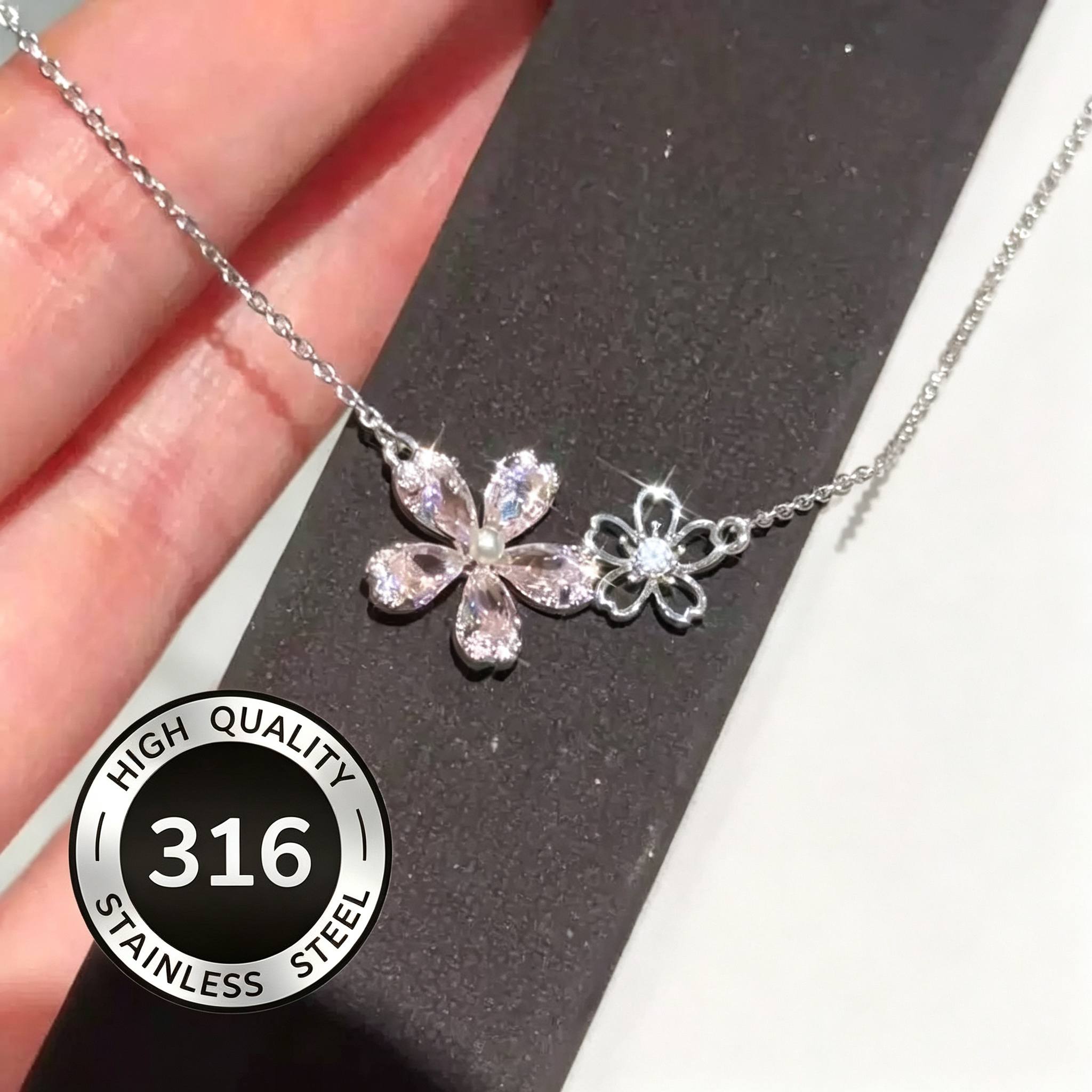 TEMU Collier à double fleur en acier inoxydable 316 avec rose, chaîne clavicule avec pendentif , chaîne de cou décorative, cadeau pour femmes