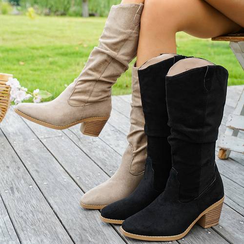 photo de l'article bottes pour femme à col , plissées, superposées, de style western, coupe extra-large, avec bout large, bottes à bout souple, bottes décontractées pastorales pour femme, adaptées aux sorties et à ou pour le shopping dans les rues de . se