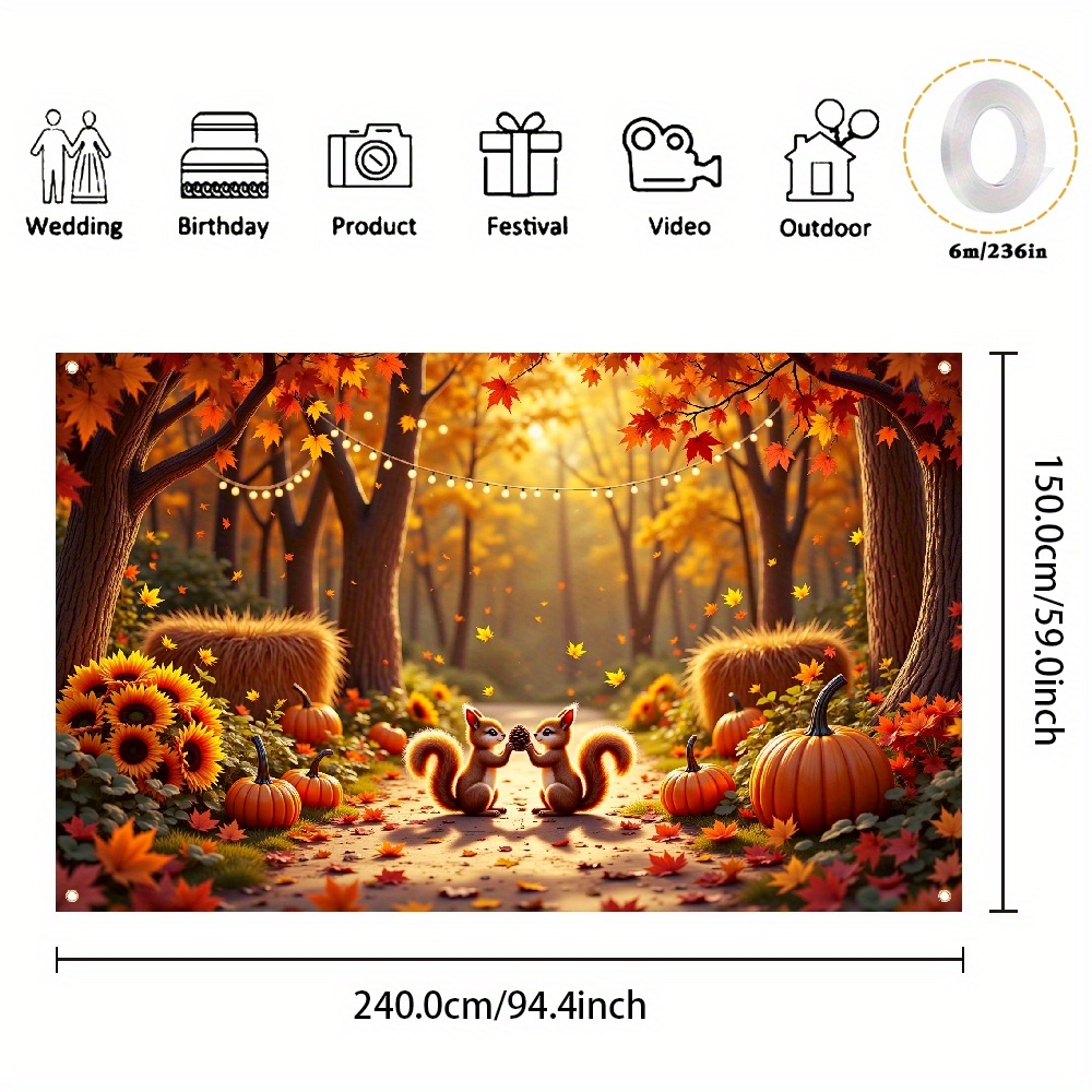 TEMU 1pc Autumn Forest Path Polyester Banner - 2d Flat Design With Cozy Hay Bales, Squirrels, Pumpkins, And Sunflowers - Perfect For Thanksgiving,