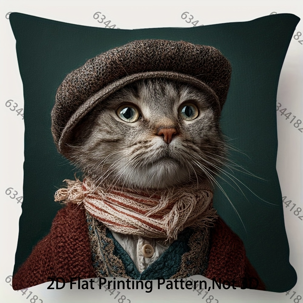 TEMU 1 pièce, Housse de coussin décorative en peluche courte, Taie d'oreiller à motif de vêtements de chat de style victorien vintage, Impression sur