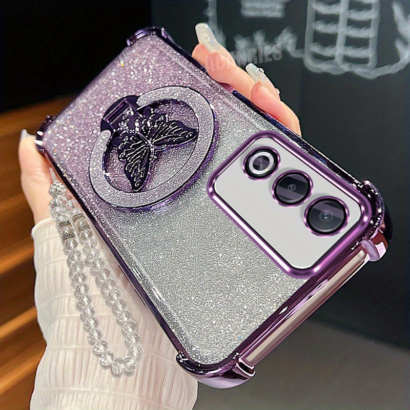 TEMU Phone Case: Clear Lanyard Chain Bracelet Plating Stand Holder Case For Oppo A80 5g Gradient Glitter Shockproof Protection Soft Back Cover
