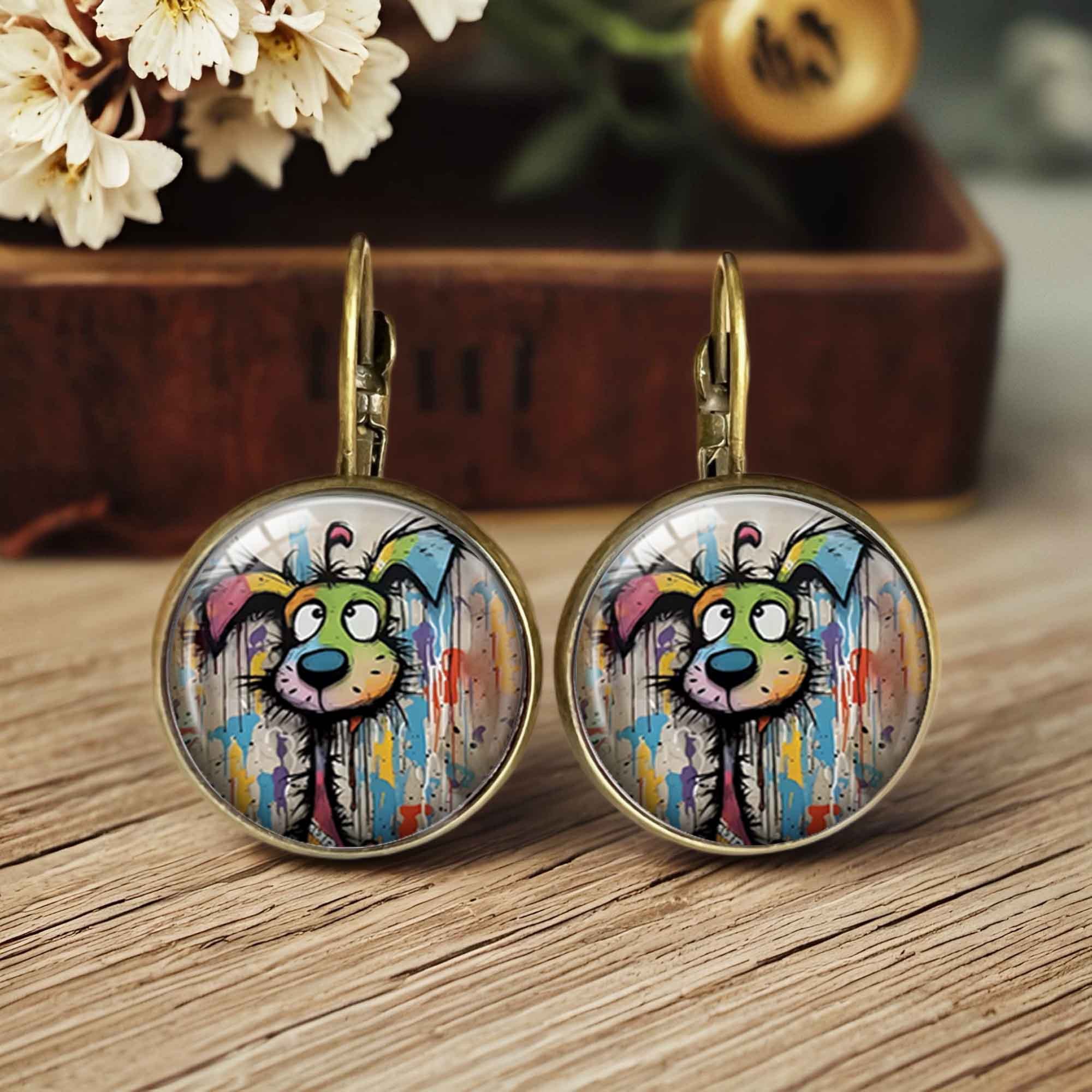 TEMU 1 Paire de Boucles d'Oreilles à Motif de Chien Éclatant, Bijoux de Chien Colorés Style Graffiti, Accessoires de Style Uniques pour Hommes