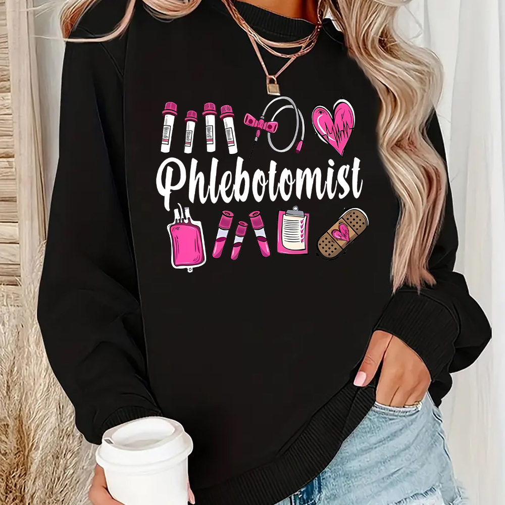 

Women's Casual Phlebotomist Graphic Sweatshirt - 100% Polyester Knit Fabric Crew Neck Pullover With Slight Stretch - Fashionable Long Sleeve Active Sweater For Adults - Geometric Pattern