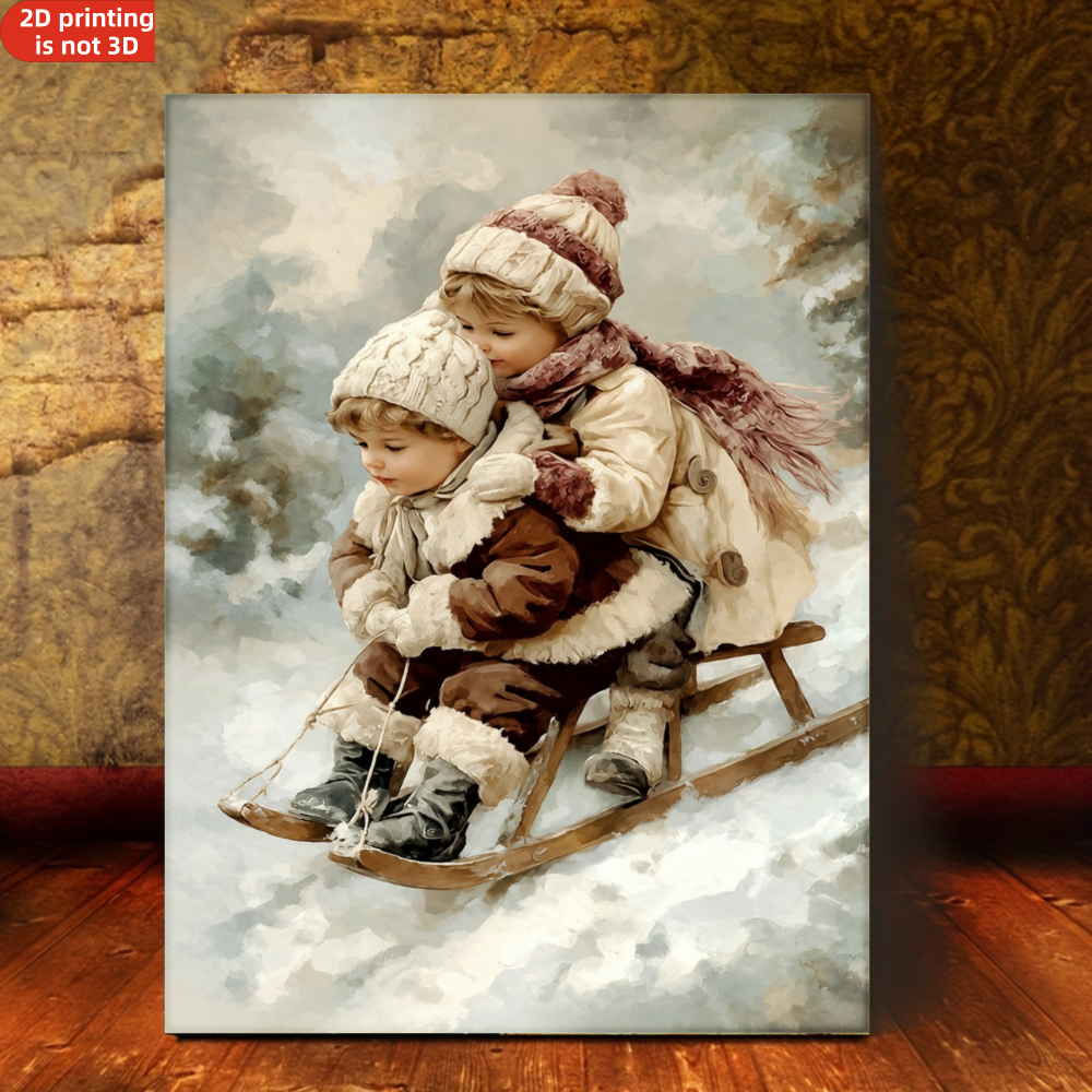 TEMU 2d Flat, 1pc Framed Canvas Oil Painting Suitable For Living Room, Nursery Wall Decor - Winter Sledding Scene With 2 Children Sledding In Snow,