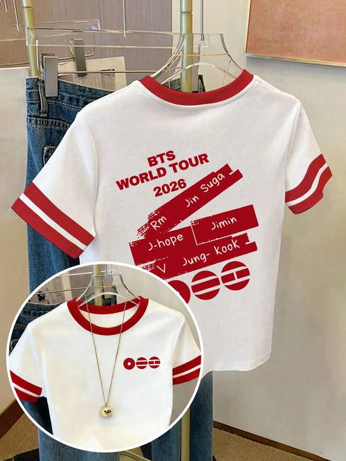 printed short sleeve t shirt for women red and white contrast striped sleeve tee