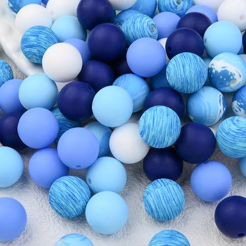 50pcs blue starry sea silicone bead set printed and solid color bead combo craft accessories for diy charm and bag pendant making