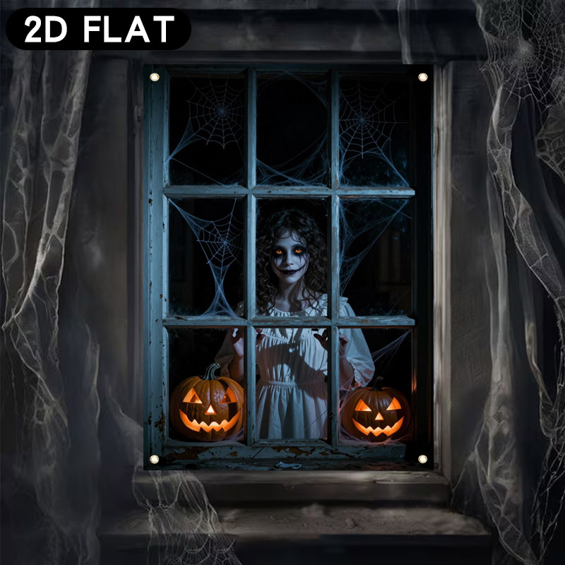 TEMU 2d Flat, 2d Flat Banner, 1pc Pumpkin Shadow Theme Halloween Party Window Banner, Featuring A Long-haired Standing By A Window With