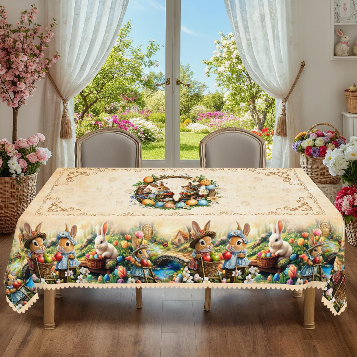 TEMU 1pc Easter-themed Party Tablecloth | Spring Summer Vintage Rabbit Egg Tulip Floral Country Style Printed Design, Rectangular, Polyester Fiber