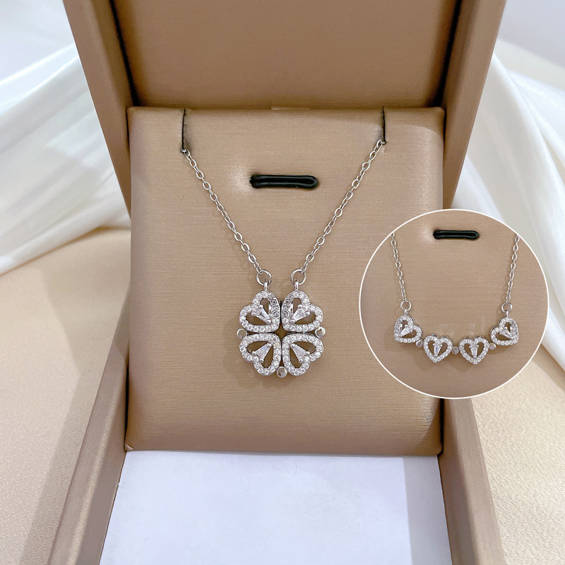 TEMU Women's Clover Heart Zirconia Double Layer Necklace | Sparkling Silvery Tone, Elegant And Boho Style, Stainless Steel, Suitable For Daily And