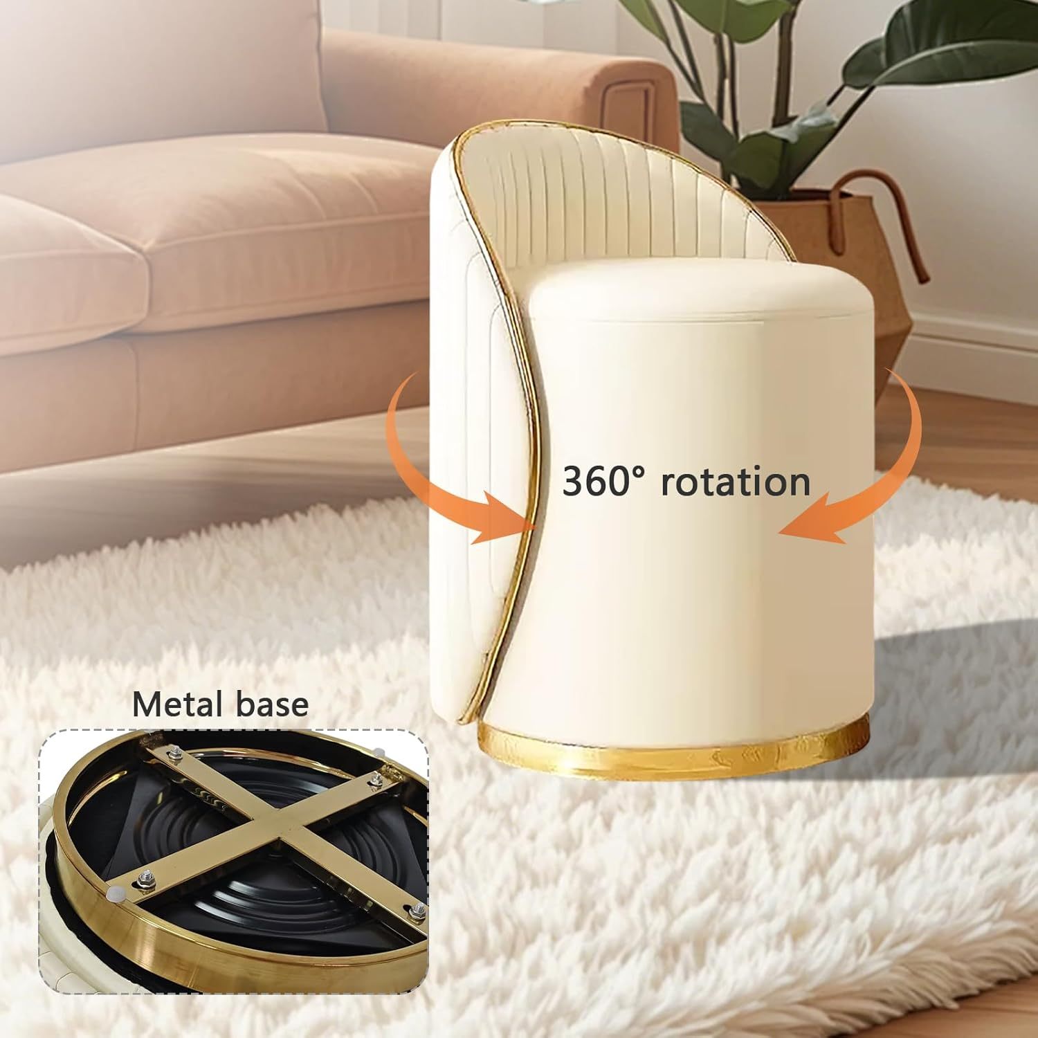 Round Makeup Stool, 360° Rotatable Dressing Table Stool with Leather Cover Wooden Frame, Footstool, Padded Stool, Suitable for Living Room, Bedroom (Beige/Gray/Orange)