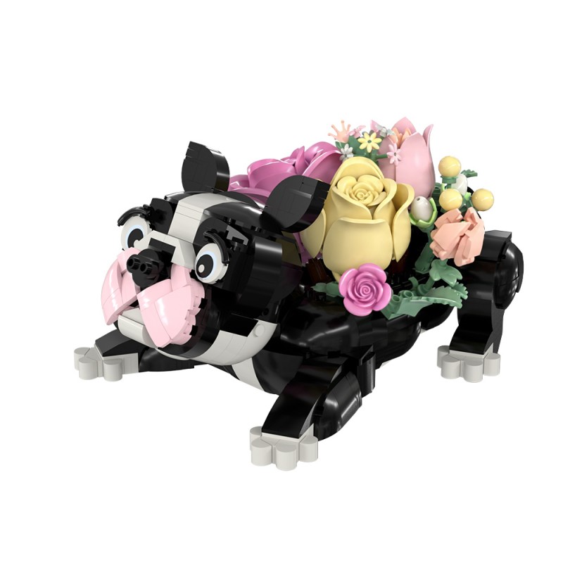 TEMU 595 pièces Bulldog Français - Ensemble de Construction - Modèle de Chiot Floral Compatible avec - Cadeau d'Affichage de Bureau Adorable Pour des