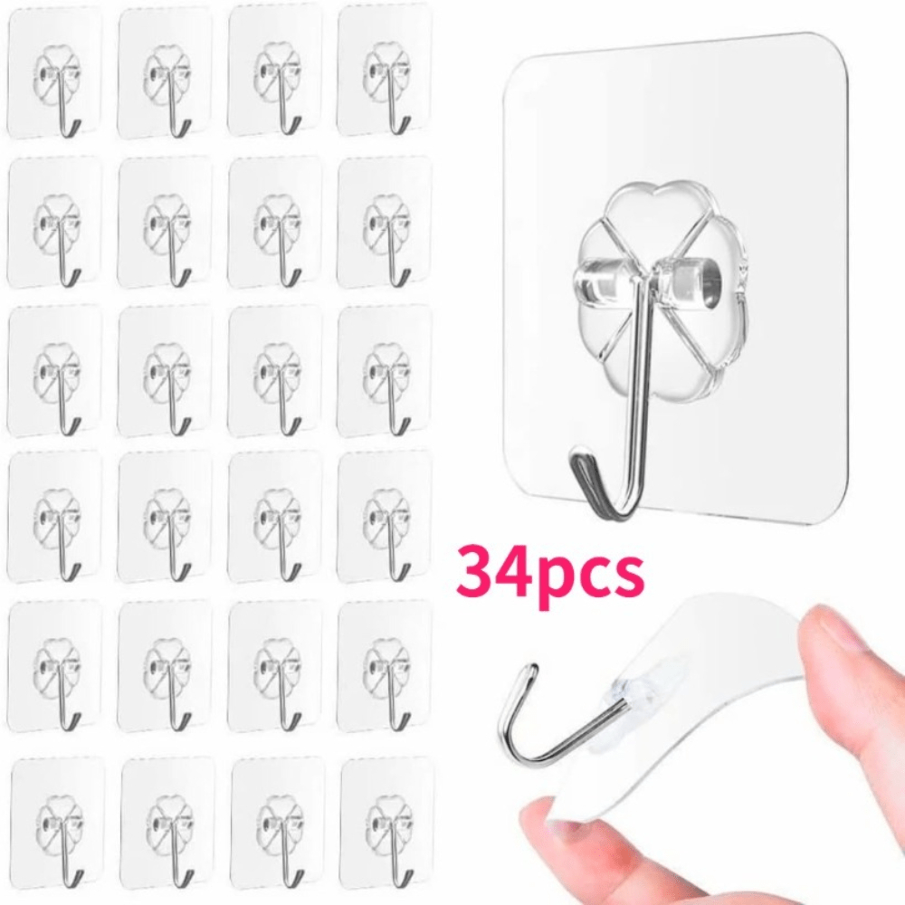TEMU Ganchos 34 pzas. Diseño transparente sin rastros, para artículos pesados en cocina y baño, prácticos y rápidos, sin marcas en paredes y techos,