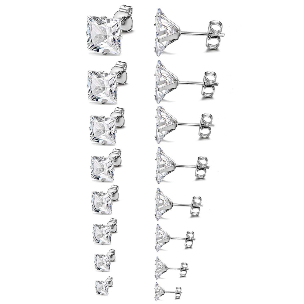 Image of Jewelrywe 8 Pairs Mens Womens Stud Earrings Stainless Steel With Square Cubic Synthetic Zirconia Ear Studs Jewelry Gifts For Birthday Valentine's Day Christmas (3-10mm)