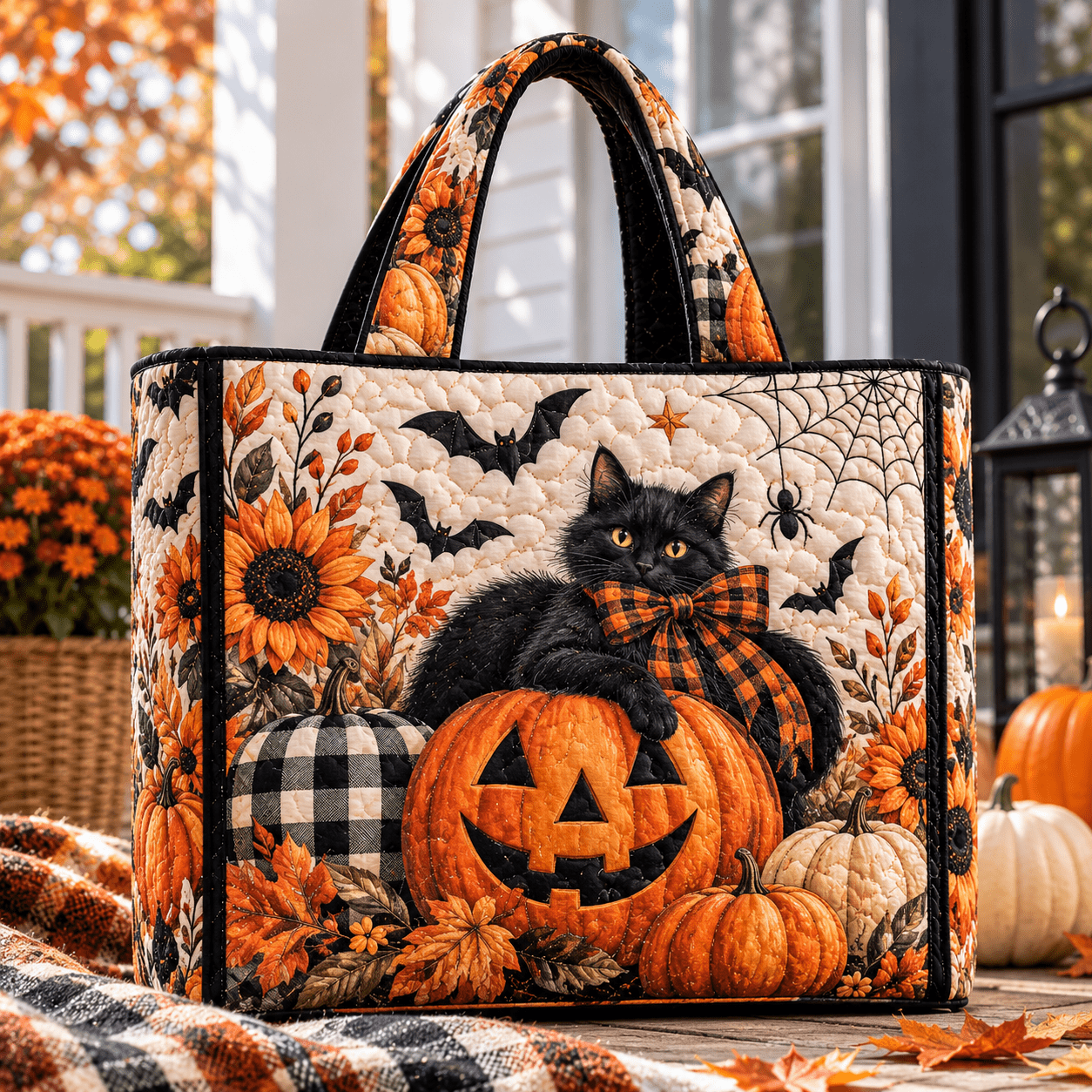 TEMU Black Cat Jack O Lantern Halloween Quilted Tote Bag, Spooky Farmhouse Handbag For Trick Or Treat, Costume Parties, Pumpkin Patches, School