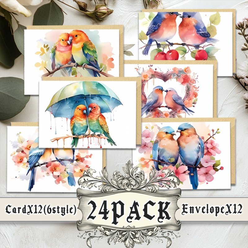 

24PCS(12 Enveloppes + 12 Cartes) Cartes de Vœux Oiseaux d' Aquarelle avec Enveloppes - Polyvalente, , Félicitations, An, Cartes de Remerciement pour Toute pour Cadeaux de Famille et Amis