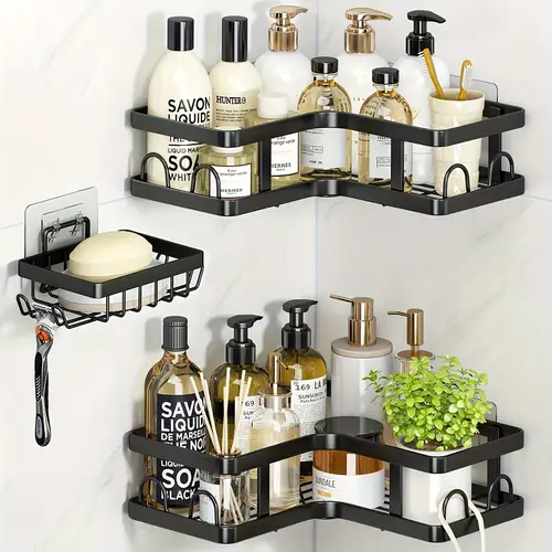 premium stainless steel shower corner caddy rust resistant wall mounted shelf with hooks for soap shampoo and bathroom essentials no drilling required space saving design