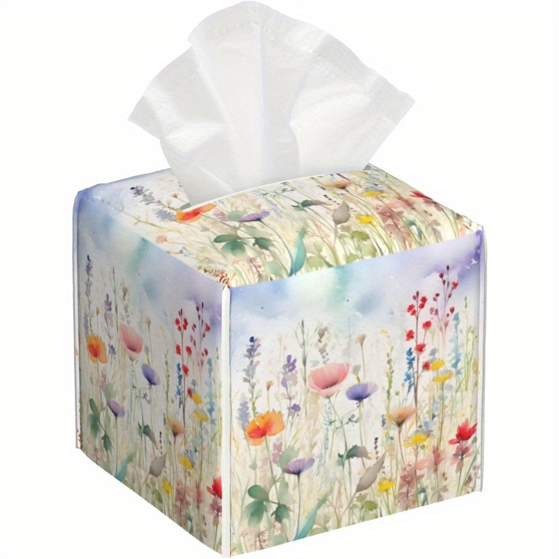 waterproof pvc leather watercolor floral tissue box cover square decorative holder with multicolor flowers fit for bathroom home car office portable tissue dispenser organizer 5 2x5 2x5 2in ideal gift for housewarming birthdays Product details 0