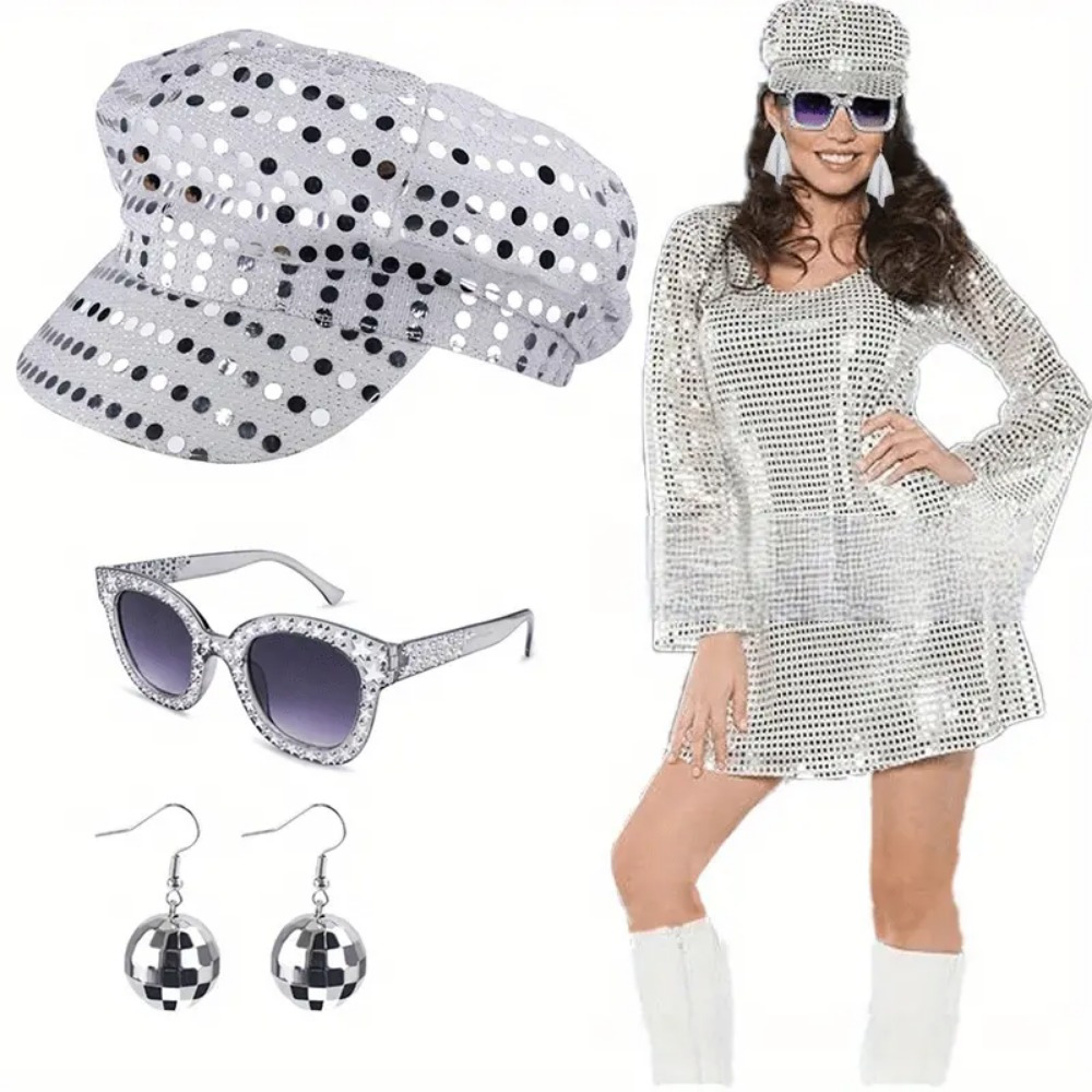 70s Disco Costume Accessories Set Hat Earrings Necklace Sunglasses Women\'s JZROCKER 5Pieces 70s Disco Dress up Jewelry Set, Sunglasses  main image 3