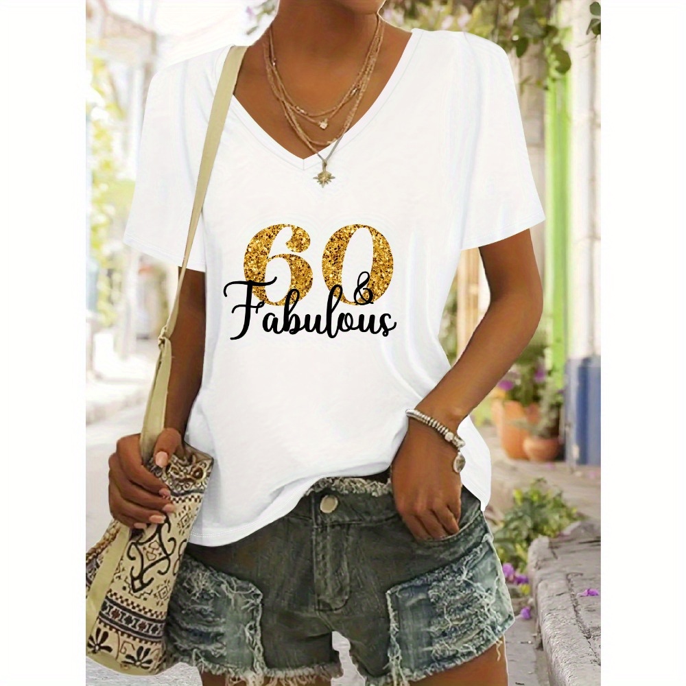 

60th Birthday T-shirt For Women - Casual Knit Fabric V-neck Tee With Alphabet Pattern, Polyester Blend, All