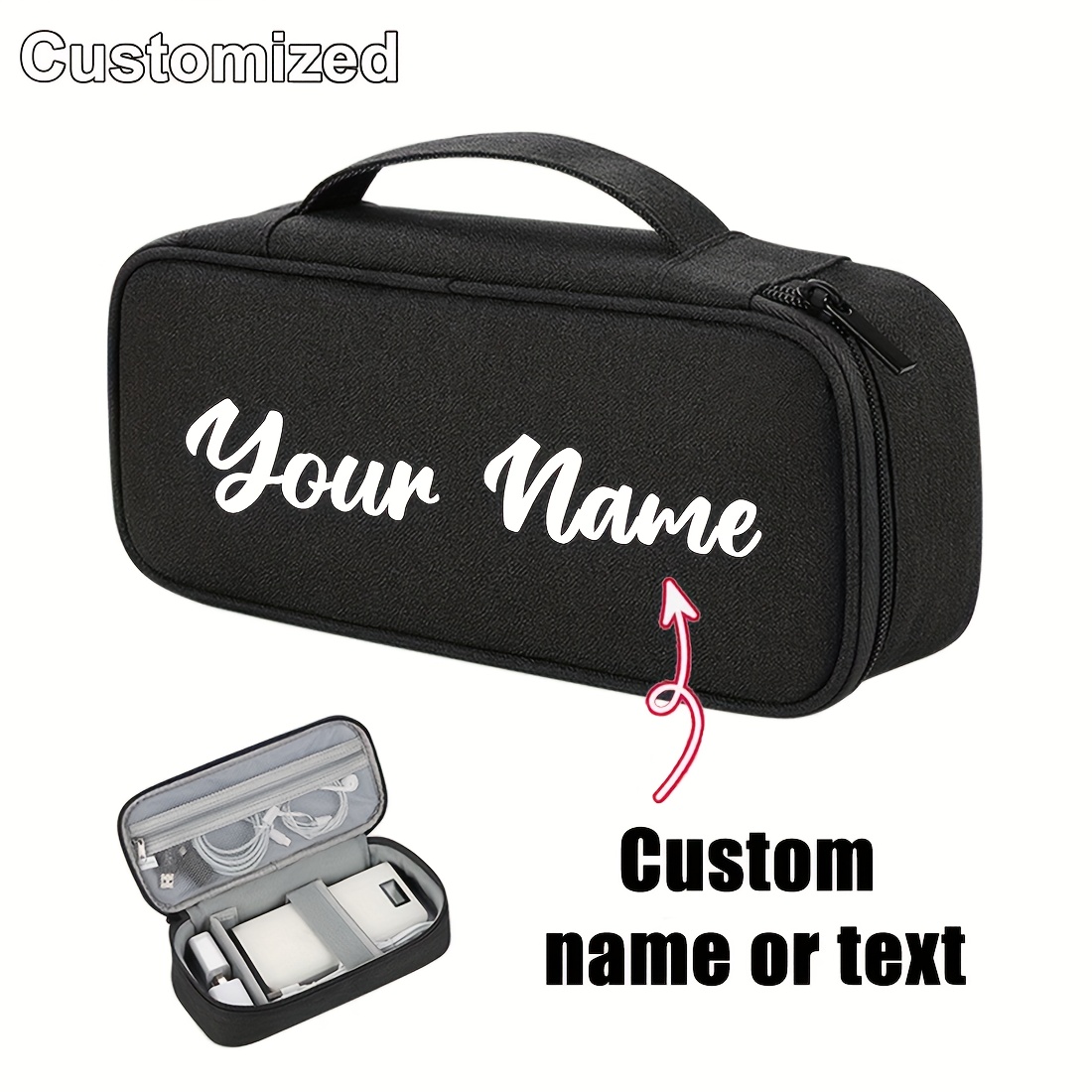 TEMU Customizable Names Or Texts. 1pc Personalized Storage Bag. Customizable Name. Electronic Storage Bag With Cable Management Compartments- With A
