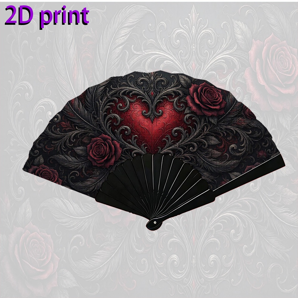 TEMU 2d Flat, 1pc 7 Inch 2d Single-sided Printed Handheld Fan For Men And Women, Dark Gothic Style Red Heart Scroll Grass Pattern Illustration,