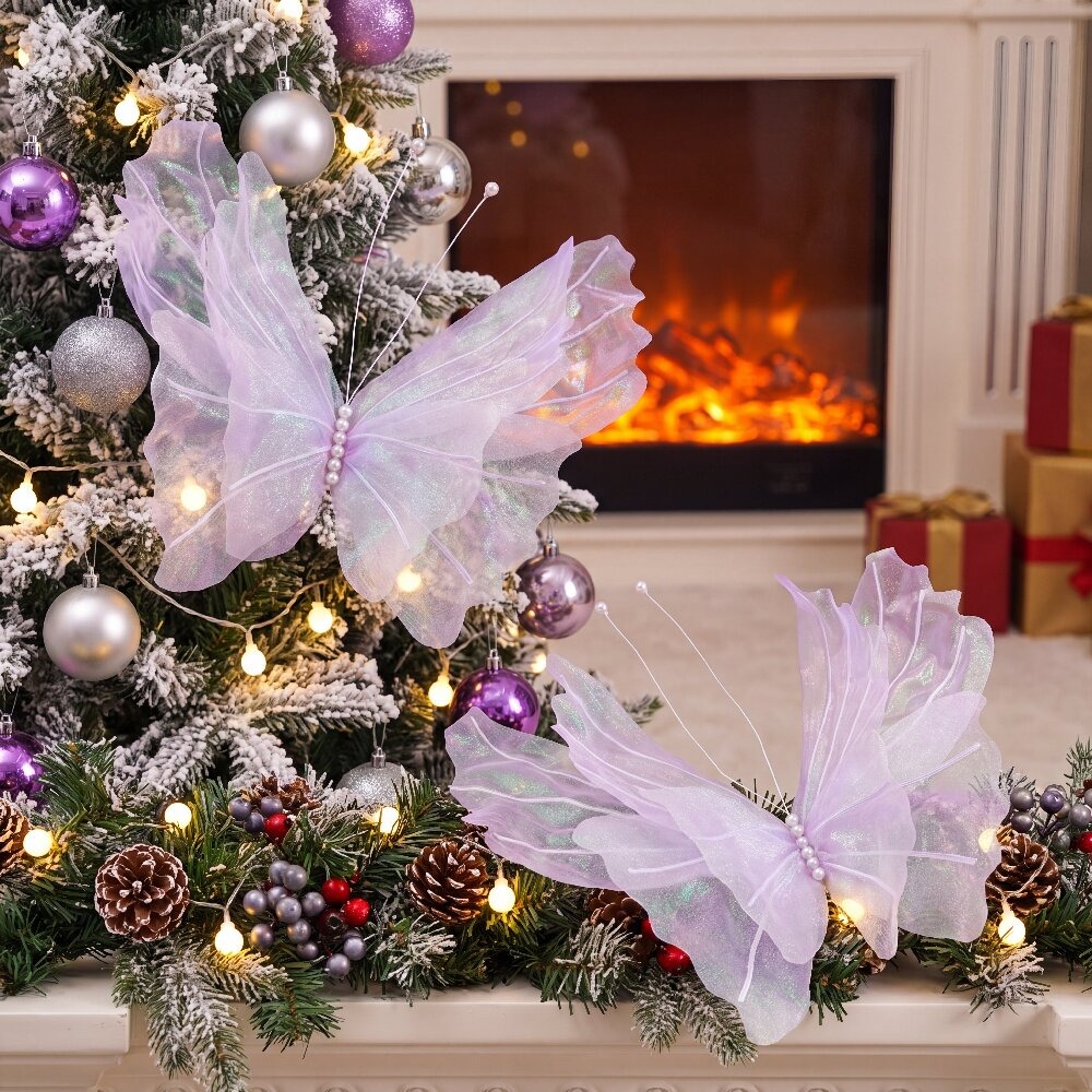 TEMU 2pcs Large Hanging Ornaments Suitable For Christmas Tree, Wedding, Decorations - Realistic Laser Yarn Wings With Hanging Hooks, Plastic/ For