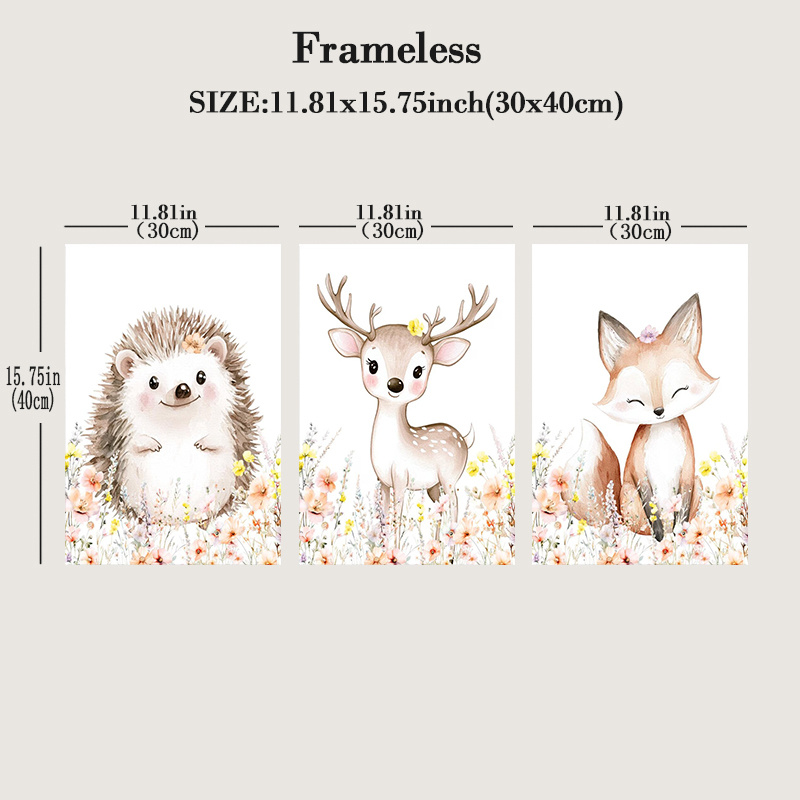 TEMU 2d Flat, 2d Flat, 2d/flat 3pcs Watercolor Style Deer Wall Art, Boho Floral Themed Canvas Print, Rustic Animal Wall Decor For Living Room Bedroom
