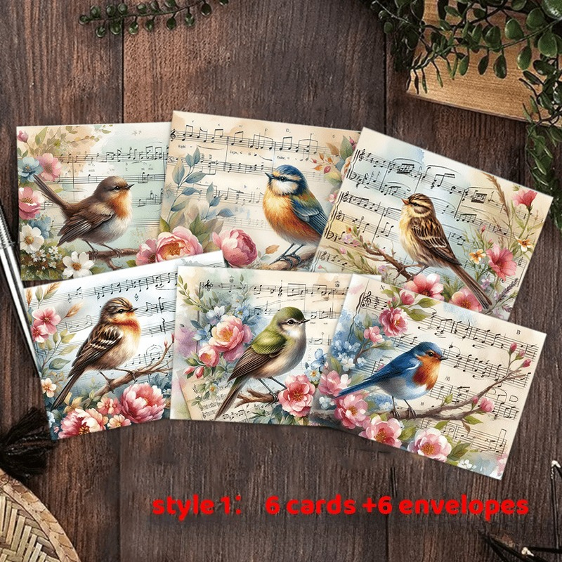 Image of 12pcs Vintage Bird Music Greeting Cards With Envelopes, For , Teachers, Business, Colleagues, Employees, Thank You Cards, Birthdays, , And Occasions