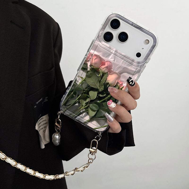 TEMU Phone Case - An Upscale Phone Cover Featuring A Faux Leather Pearl Long Strap That Worn The Body Or Around The Neck, Designed With A Pink Rose