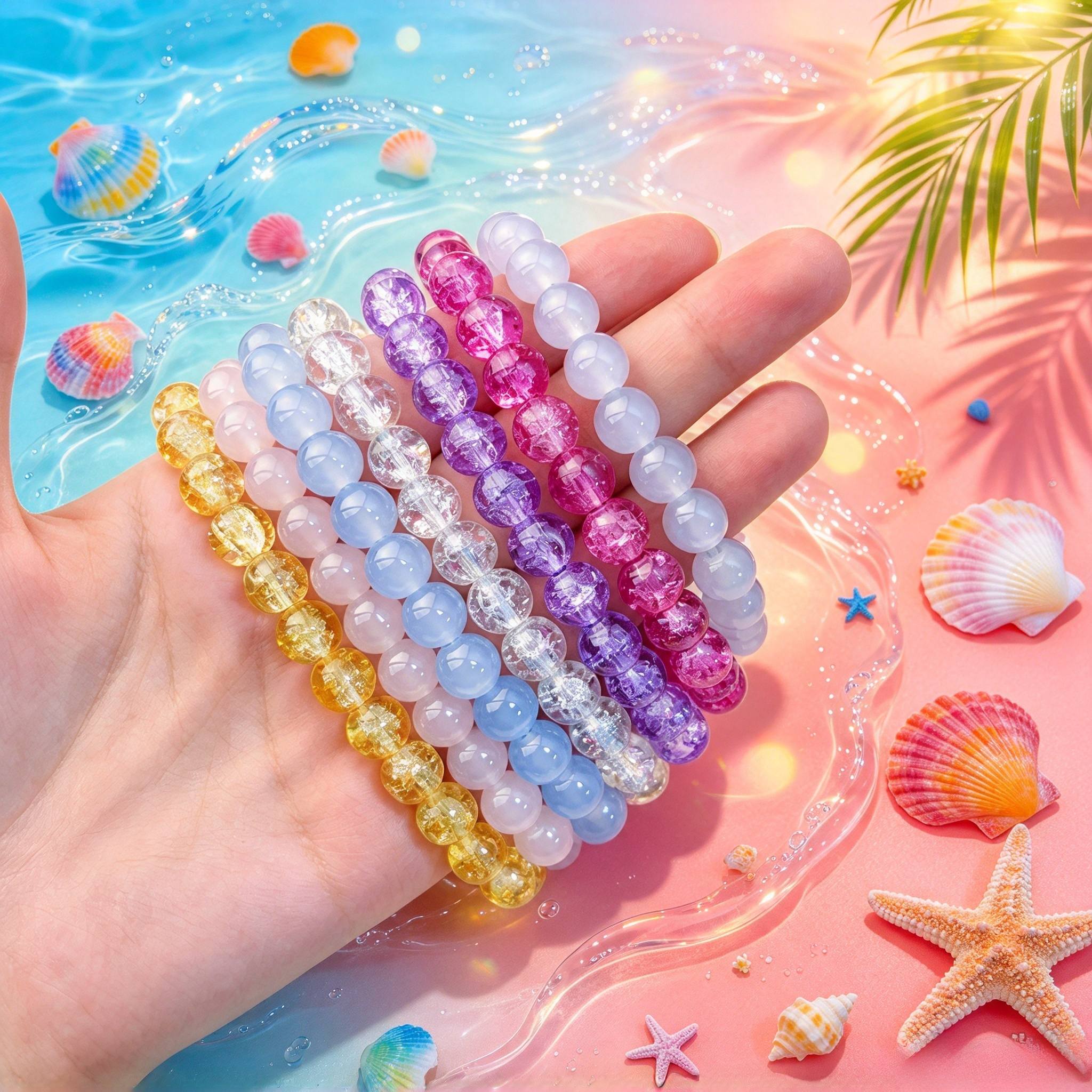 10pc Multi-Color Ice-Crack Burst Flower Bead Bracelet Set