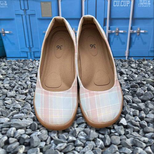 womens lightweight slip on loafers soft sole flat shoes with beige white checkered pattern fabric upper tpr sole comfortable casual footwear for dates date night shoes versatile breathable materials stylish durable construction