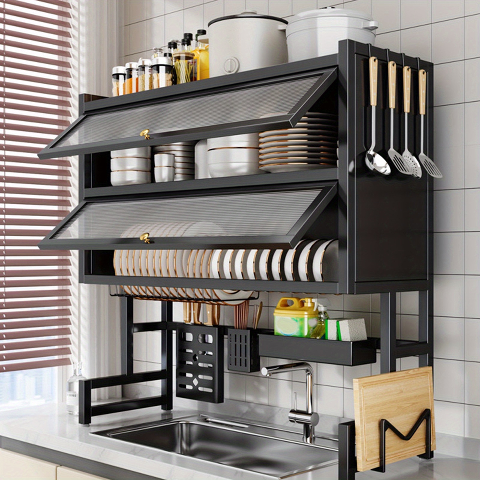 TEMU Over The Sink Dish Drainer Drying Rack 4 Tiers With Cover, Keep Kitchen Sink Shlef - Saving Dish Drying Rack, Large Drying Rack For Dishes,