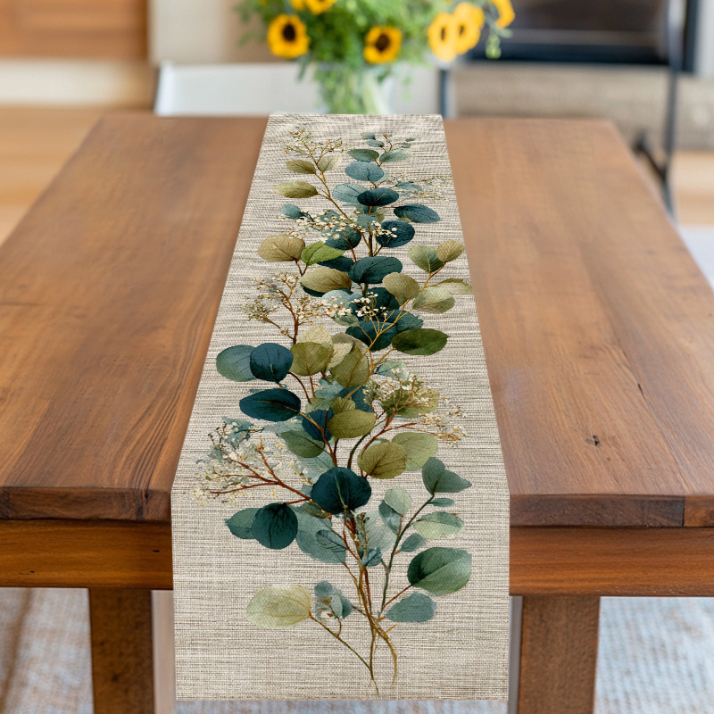 TEMU Table Runner,table Cover,eucalyptus Leaf With Floral Accents,green - Blue Tone,for Spring Festival,valentine's Day,mother's Day,father's