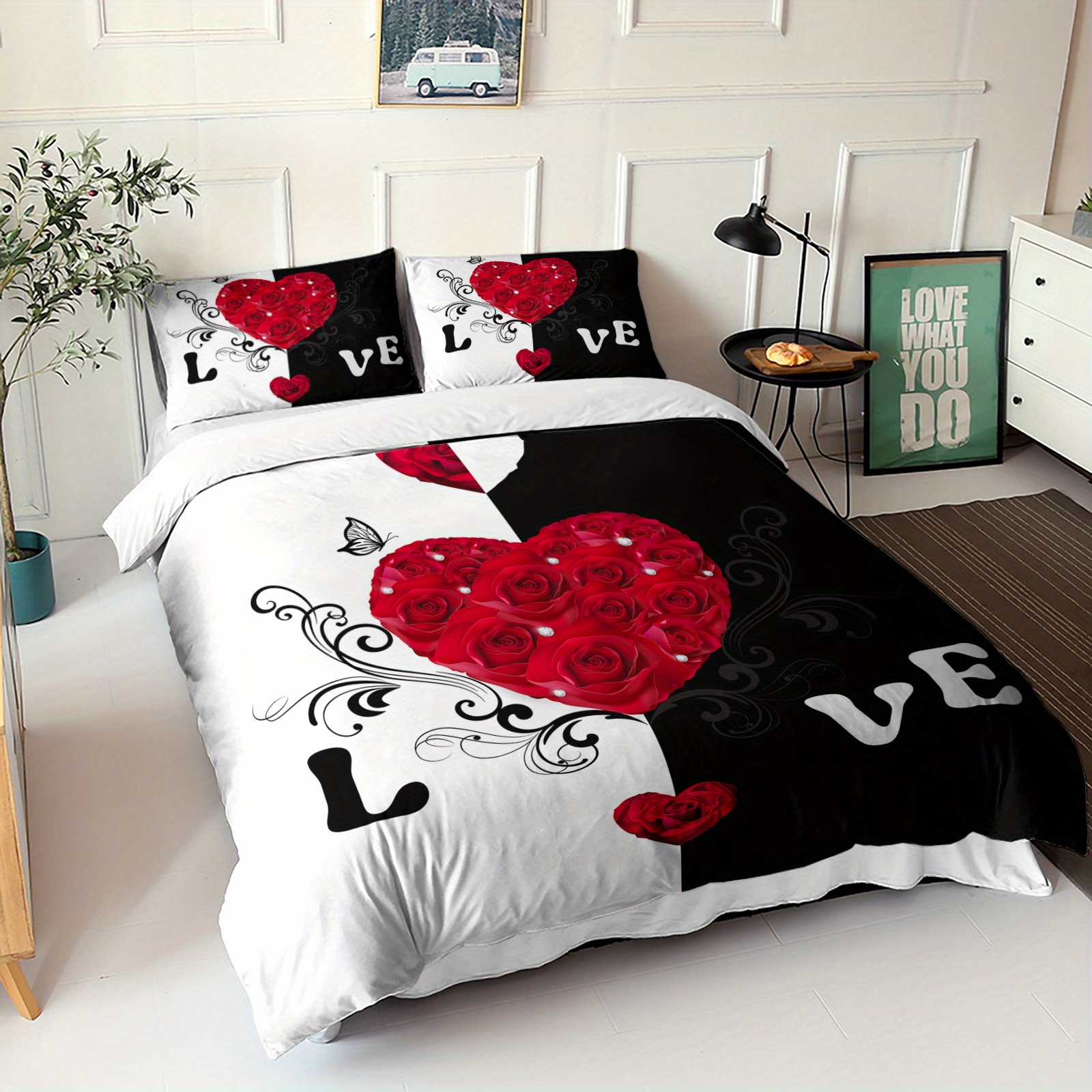 3pcs red roses duvet cover   bedding set couple bed set valentines day bedroom decor   1duvet cover 2pillowcase no comforter Product details 3