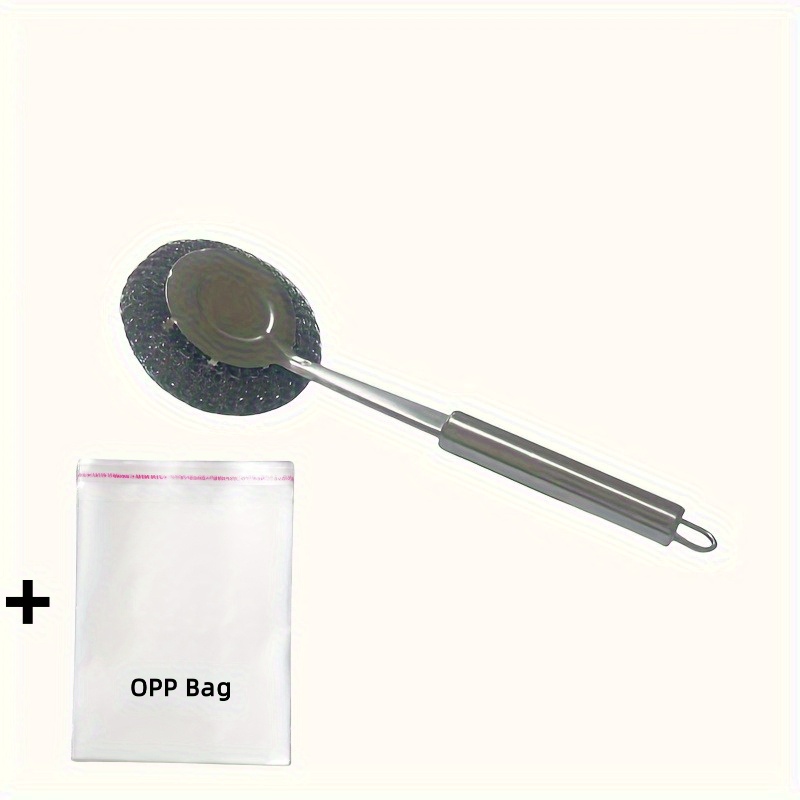 TEMU 1pc Durable Stainless Steel Pot Brush With Long Handle - Manual And 1pc Opp Bag, No Electricity Needed, Versatile Cleaning Tool For Kitchen,