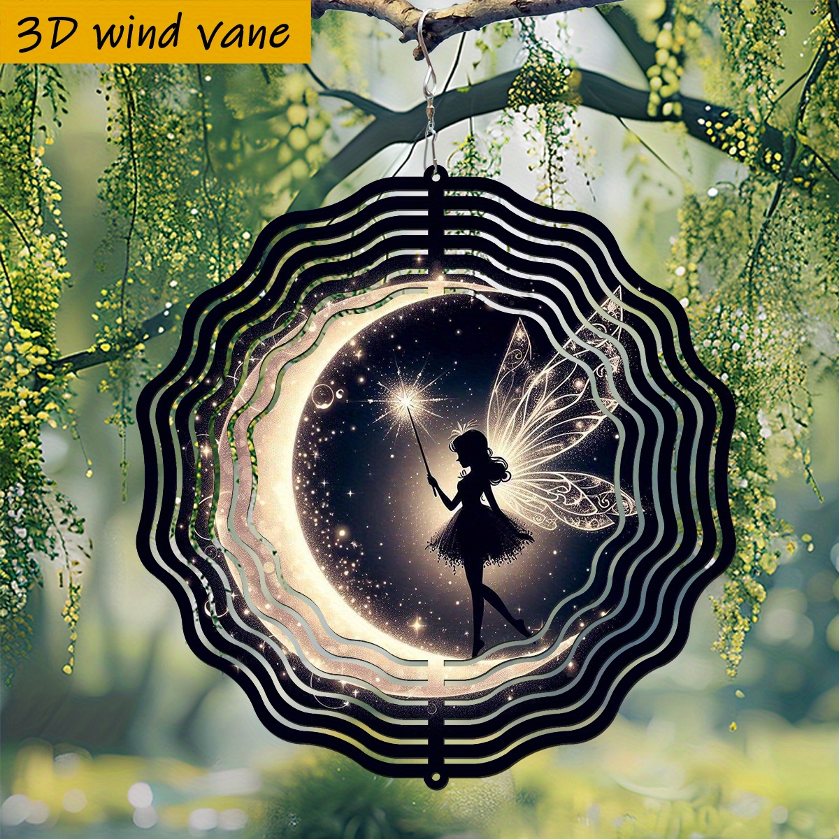 3d 1pc "fairy With Glowing Wings Sits On Magic" 25.5cm/10in*25.5cm/10in With Swivel Hook, 360° Diy Creative Wind Spinner, Non-electric Home Patio Outdoor Rotating Decoration