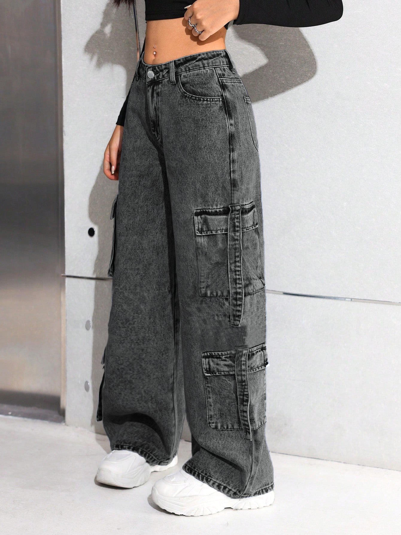 ladies loose straight leg jeans high waisted large pocket - Temu