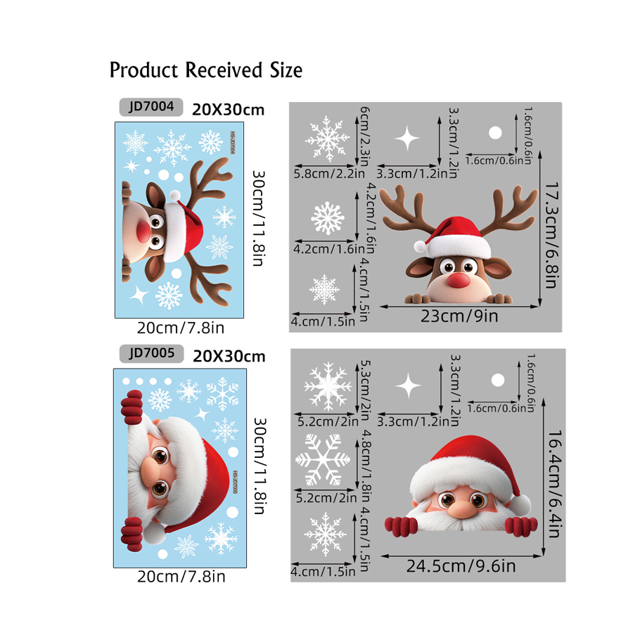 TEMU 2 Sheets Peeking Santa Reindeer Window Stickers, Cartoon Xmas Snowman Snowflake Glass Decor, Double-sided Visible Electrostatic Window Clings,