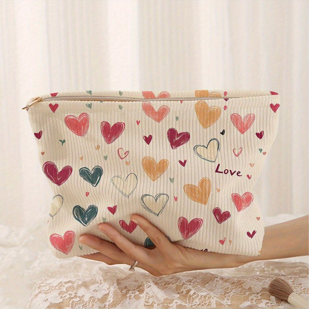 Image of Colorful Heart Letter Corduroy Makeup Bag With Zipper, Large Capacity Travel Toiletry Organizer, 10.2 X 7.1 X 2.0 Inches, Travel Essentials, Travel Organizer, Travel Bag