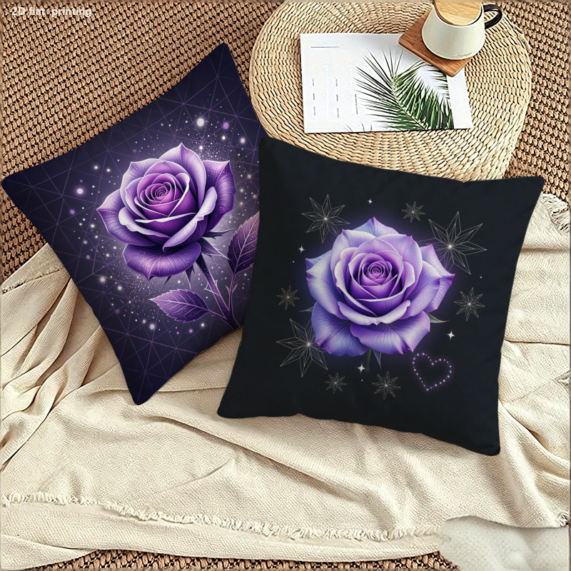 TEMU 2pcs Pcs Black Suitable For Wedding, Birthday, Valentine's Day Throw Pillow Covers - Purple Rose Starry Cases With Zipper Closure, Machine