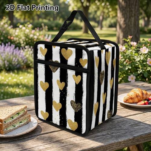 . thermische kühltasche mit 2d-flachdruck, valentinstag-muster mit goldenen herzen, isolierte tragbare lunch-tasche für reisen, picknick & zuhause, für männer & frauen, nicht für lebensmittelkontakt, 2d-flachdruck