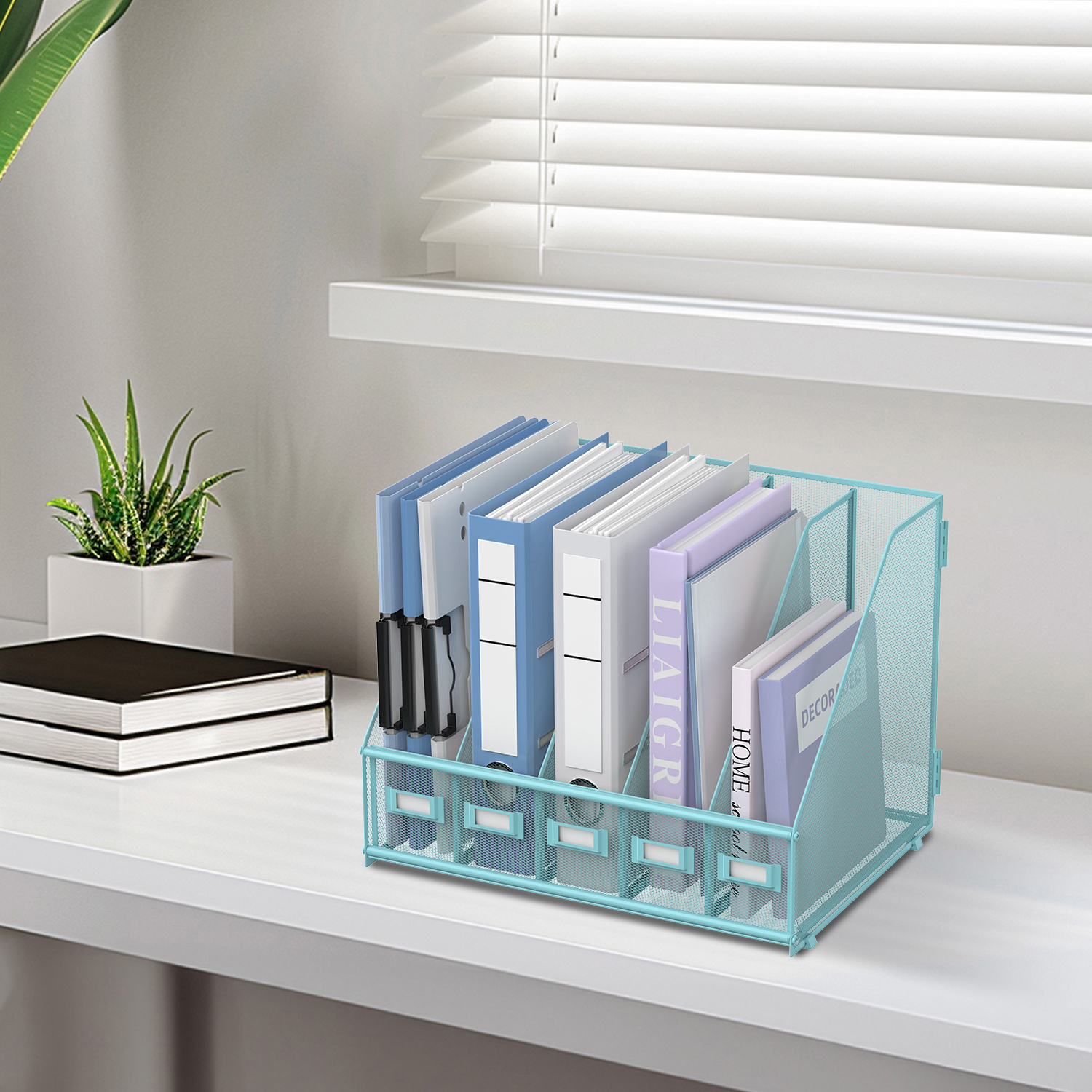 Daltack Magazine File Organizer Featuring 5 Vertical Sorters, Storage Boxes For Files, A Spacious Book Storage Rack, And A Desktop Tidiness Organizer