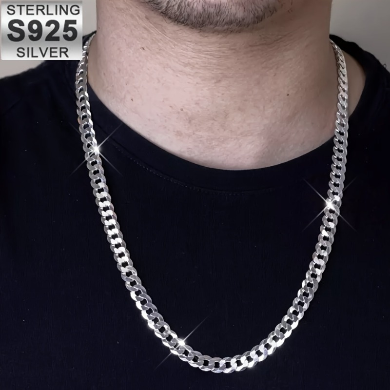 

A Stylish 7mm 925 Sterling Silver Cuban Link Necklace Suitable For Men, With A Silvery Coating, A Jewelry Gift For